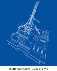 Offshore oil rig drilling platform concept. Vector rendering of 3d. Wire-frame style. The layers of visible and invisible lines are separated