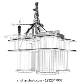 Offshore oil rig drilling platform concept. Vector rendering of 3d. Wire-frame style. The layers of visible and invisible lines are separated