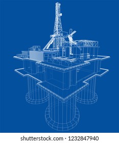 Offshore oil rig drilling platform concept. Vector rendering of 3d. Wire-frame style. The layers of visible and invisible lines are separated