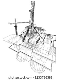 Offshore oil rig drilling platform concept. Vector rendering of 3d. Wire-frame style. The layers of visible and invisible lines are separated