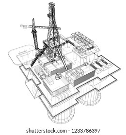 Offshore oil rig drilling platform concept. Vector rendering of 3d. Wire-frame style. The layers of visible and invisible lines are separated