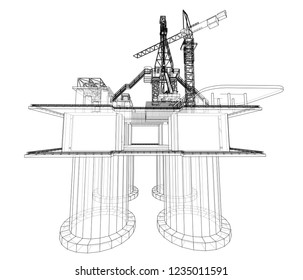 Offshore oil rig drilling platform concept. Vector rendering of 3d. Wire-frame style. The layers of visible and invisible lines are separated