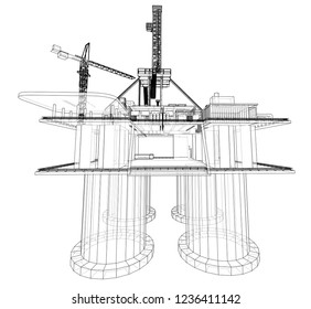 Offshore oil rig drilling platform concept. Vector rendering of 3d. Wire-frame style. The layers of visible and invisible lines are separated
