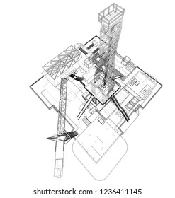 Offshore oil rig drilling platform concept. Vector rendering of 3d. Wire-frame style. The layers of visible and invisible lines are separated