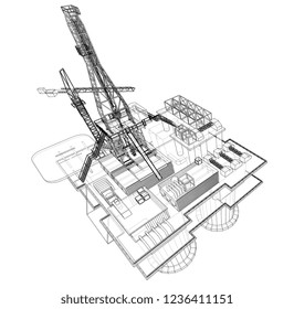Offshore oil rig drilling platform concept. Vector rendering of 3d. Wire-frame style. The layers of visible and invisible lines are separated