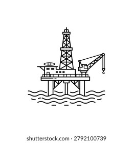 Offshore Oil Rig Drilling Platform in Sea with Industrial Crane Line Art Editable Vector Solid Illustration