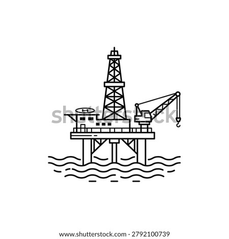 Offshore Oil Rig Drilling Platform in Sea with Industrial Crane Line Art Editable Vector Solid Illustration
