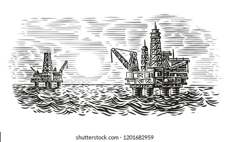 Offshore oil rig engraving style illustration. Sea oil drilling. Vector. 