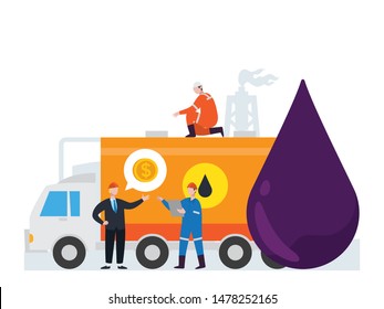 
Offshore oil rig and exploration. Energy and fossil fuel research and development illustration with tiny people.