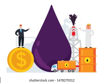 Offshore oil rig and exploration. Energy and fossil fuel research and development illustration with tiny people.