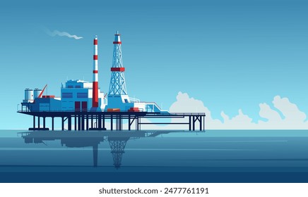 Offshore oil rig illustration with chimneys and structures on water, against a bright blue sky and cloud background. Vector illustration