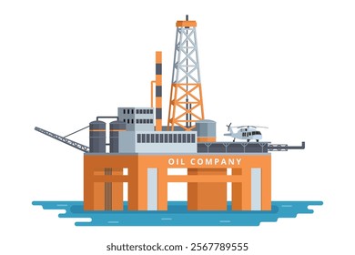 Offshore Oil Rig Illustration with Chimneys and Structures on water. Editable Vector Element on White Background