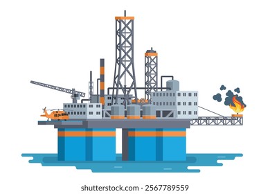 Offshore Oil Rig Illustration with Chimneys and Structures on water. Editable Vector Element on White Background