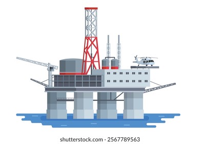 Offshore Oil Rig Illustration with Chimneys and Structures on water. Editable Vector Element on White Background