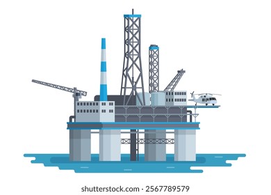 Offshore Oil Rig Illustration with Chimneys and Structures on water. Editable Vector Element on White Background