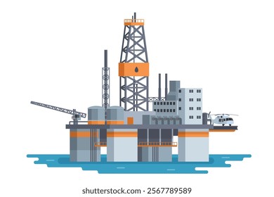 Offshore Oil Rig Illustration with Chimneys and Structures on water. Editable Vector Element on White Background