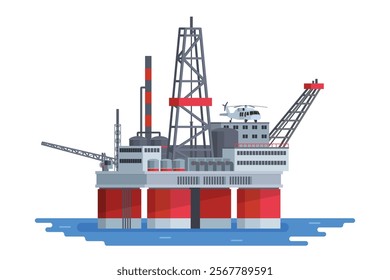 Offshore Oil Rig Illustration with Chimneys and Structures on water. Editable Vector Element on White Background