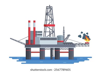 Offshore Oil Rig Illustration with Chimneys and Structures on water. Editable Vector Element on White Background