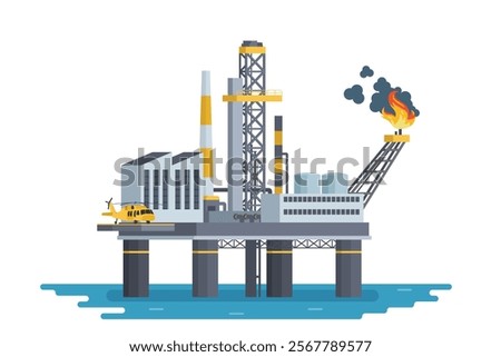 Offshore Oil Rig Illustration with Chimneys and Structures on water. Editable Vector Element on White Background