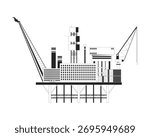 Offshore oil rig platform with equipment 2D line object. Energy industry. Crane, towers, containers stack, modular buildings isolated clipart vector ink outline item. Monochrome spot illustration