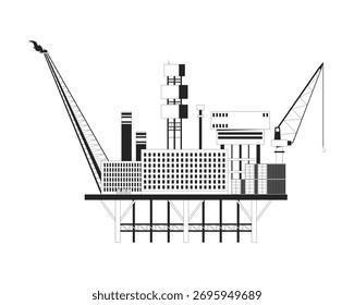 Plataforma de plataforma petrolera marina con objeto de línea 2D del equipo. Industria energética. Grúa, torres, pila de contenedores, edificios modulares aislados Clipart de tinta de Vector elemento de contorno. Ilustración de punto monocromo