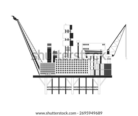 Offshore oil rig platform with equipment 2D line object. Energy industry. Crane, towers, containers stack, modular buildings isolated clipart vector ink outline item. Monochrome spot illustration