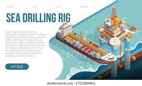 Offshore oil rig. Sea drilling rig platform for gas and petroleum fuel production. Landing page template for offshore oil and gas industry with platform tanker. Vector isometric offshore rig
