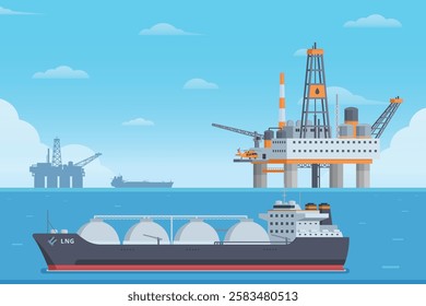 Offshore Oil Rig  Tanker Ship Vector Illustration. Flat Style and Fully Editable