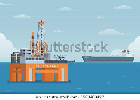 Offshore Oil Rig  Tanker Ship Vector Illustration. Flat Style and Fully Editable