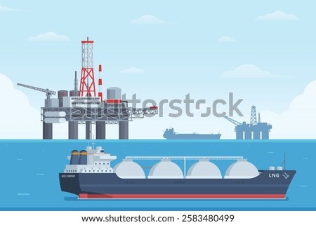 Offshore Oil Rig  Tanker Ship Vector Illustration. Flat Style and Fully Editable