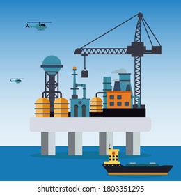 Offshore oil rig vector illustration Helicopters and transport ships.