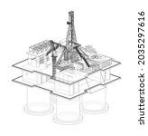 Offshore Oil Rig. Vector rendering of 3d. Wire-frame style. The layers of visible and invisible lines are separated. Orthography