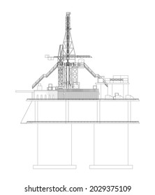 Offshore Oil Rig. Vector rendering of 3d. Wire-frame style. The layers of visible and invisible lines are separated. Orthography