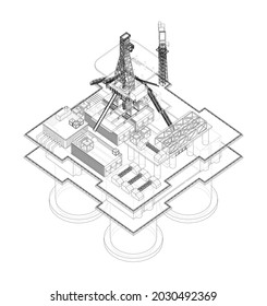 Offshore Oil Rig. Vector rendering of 3d. Wire-frame style. The layers of visible and invisible lines are separated. Orthography