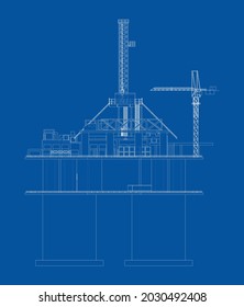 Offshore Oil Rig. Vector rendering of 3d. Wire-frame style. The layers of visible and invisible lines are separated. Orthography