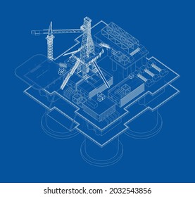 Offshore Oil Rig. Vector rendering of 3d. Wire-frame style. The layers of visible and invisible lines are separated. Orthography