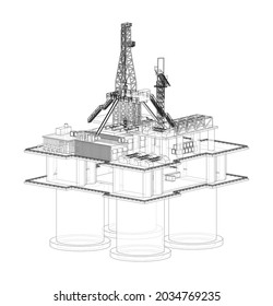 Offshore Oil Rig. Vector rendering of 3d. Wire-frame style. The layers of visible and invisible lines are separated. Orthography