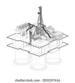 Offshore Oil Rig. Vector rendering of 3d. Wire-frame style. The layers of visible and invisible lines are separated. Orthography