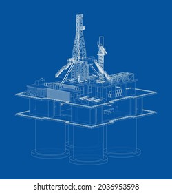 Offshore Oil Rig. Vector rendering of 3d. Wire-frame style. The layers of visible and invisible lines are separated. Orthography
