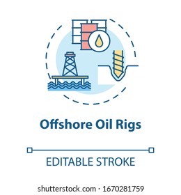 Offshore oil rigs concept icon. Industrial structure for fuel production. Petroleum extraction with drill idea thin line illustration. Vector isolated outline RGB color drawing. Editable stroke