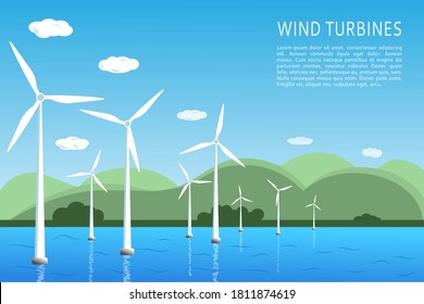 Offshore and onshore wind farms Green energy wind turbines at sea, in the ocean. Vector illustration. Place for text