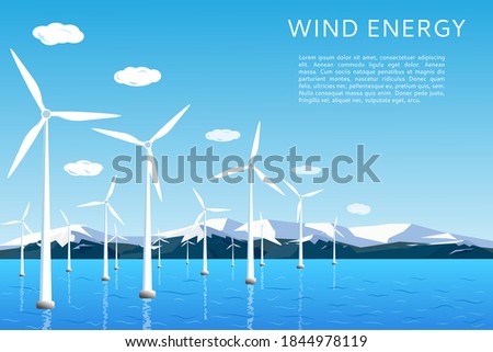 Offshore and onshore wind farms. Wind turbines in the sea, in the ocean. Green energy. Vector illustration. Space for text