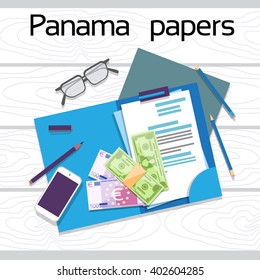 Offshore Panama Papers Documents Desk Business Folder Top View Vector Illustration