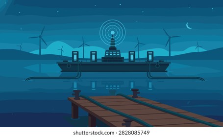 Offshore research station and wind farm turbines lit up at calm night
