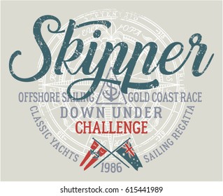 Offshore sailing challenge, grunge vector print for boy t shirt 