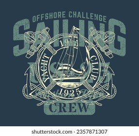 Offshore sailing northern route challenge  vintage vector print for boy kid man t shirt grunge effect in separate layer