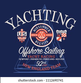 Offshore sailing regatta yachting race, nautical style vector artwork for boy man t shirt