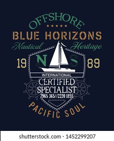 Offshore sailing regatta yachting race, nautical style vector artwork for boy man t shirt