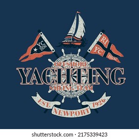 Offshore sailing team yachting club vintage vector print for boy kid t shirt grunge effect in separate layer