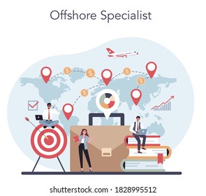 Offshore specialist or company concept. Professional businessman help with financial services to nonresidents. Tax haven, offshore business. Isolated vector illustration